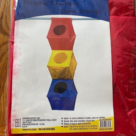 NWT hanging closet storage, 3 bins/primary colors good for kids room - Picture 2 of 3